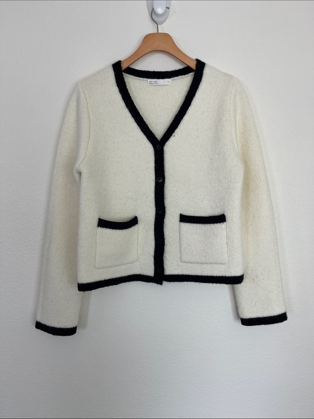 OAK + FORT Cream Cardigan with Black Trim